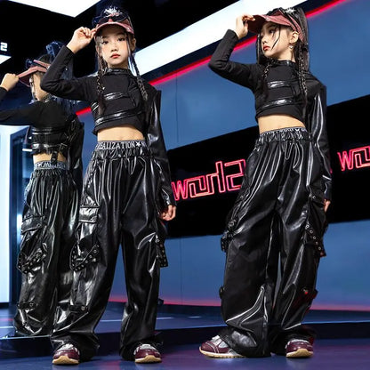Jazz Dance Girls Clothes Kids Hip Hop Dance Costume Black Leather Crop Tops Hiphop Pants Catwalk Performance Clothing BL13600