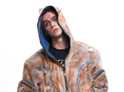 Wasteland Style Short Hooded Denim Jacket Men's Autumn and Winter Three-dimensional Pockets and Zippered Denim Jacket