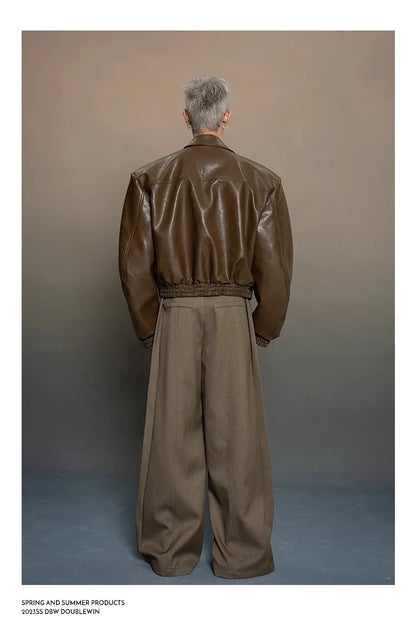 Y2K Mens PU Leather Jacket Pocket Motorcycle Coat Flip Collar Casual Gothic High Street Dark Silhouette Top Men's Wear 2025