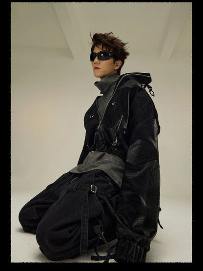 Mauroicardi Spring Autumn Cool Short Shiny Black Crocodile Print Pu Leather Jacket Men Luxury Designer Y2K Streetwear Clothes