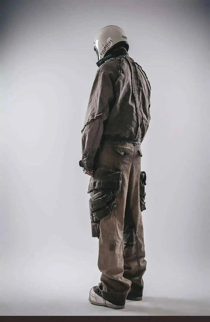 HKSH Spring Autumn New Men's Tide Punk Splice Jackets Split Burr Washed Retro Waste Land Chic Coat Dark Cotton Streetwear HK2418