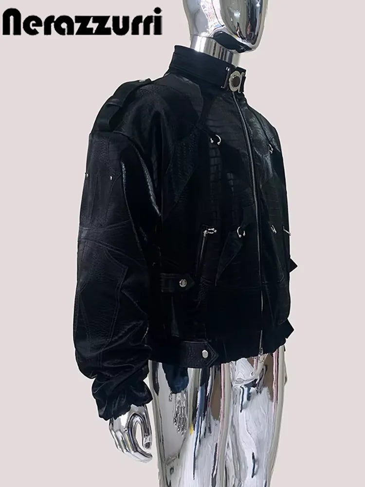 Mauroicardi Autumn Short Color Block Crocodile Print Faux Leather Jacket Men Stand Collar Luxury Designer Punk Style Emo Clothes