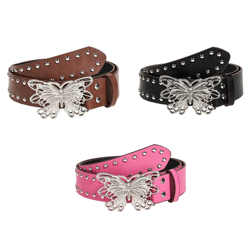 Retro Punk Style Rivet Belt For Women Girls Trendy Personality Butterfly Buckle Wide Belt Luxury Fashion Waistband Jeans Belt