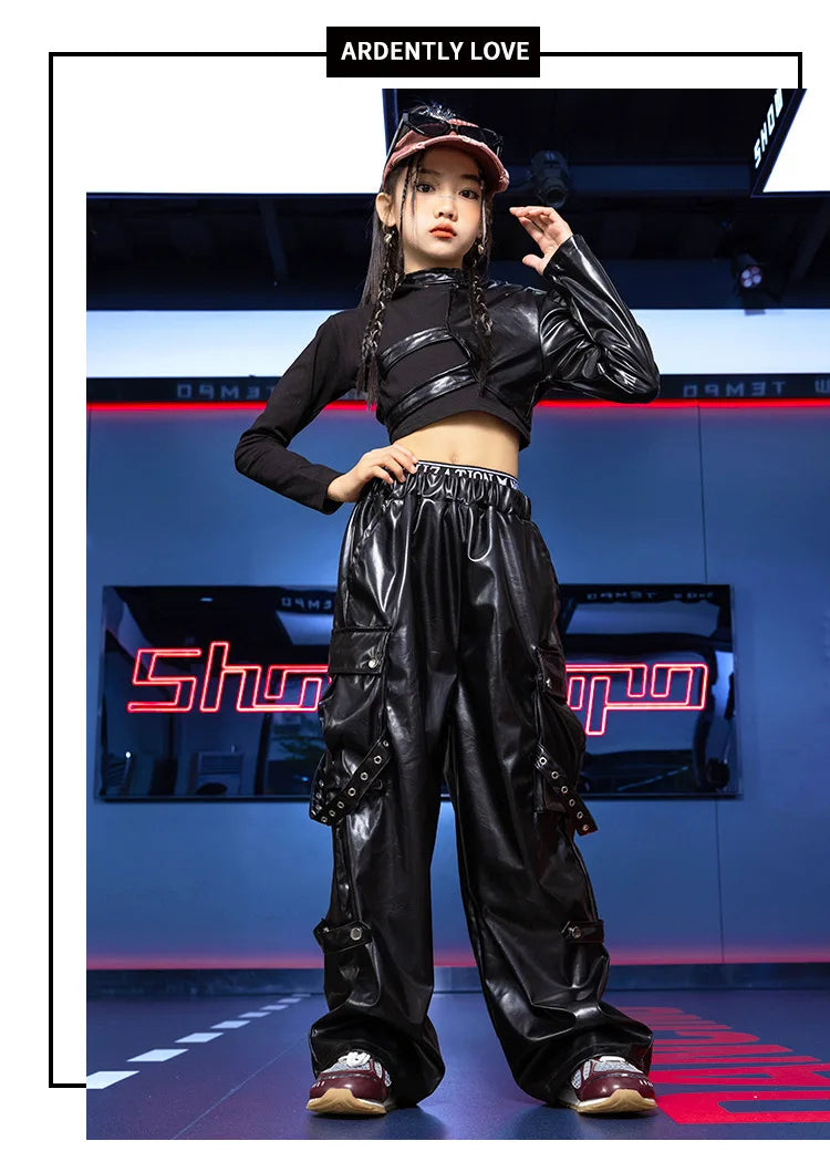 Jazz Dance Girls Clothes Kids Hip Hop Dance Costume Black Leather Crop Tops Hiphop Pants Catwalk Performance Clothing BL13600