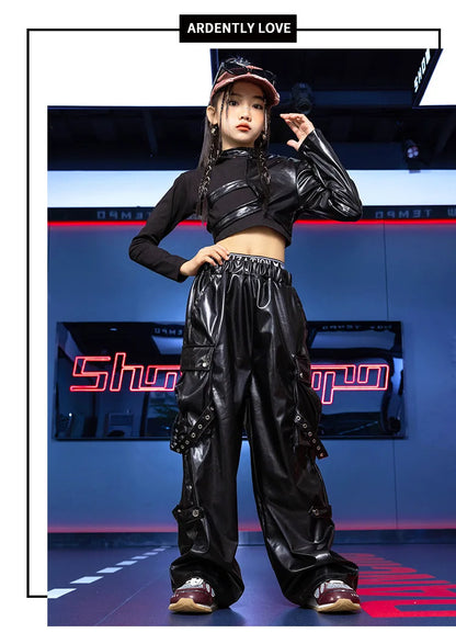 Jazz Dance Girls Clothes Kids Hip Hop Dance Costume Black Leather Crop Tops Hiphop Pants Catwalk Performance Clothing BL13600