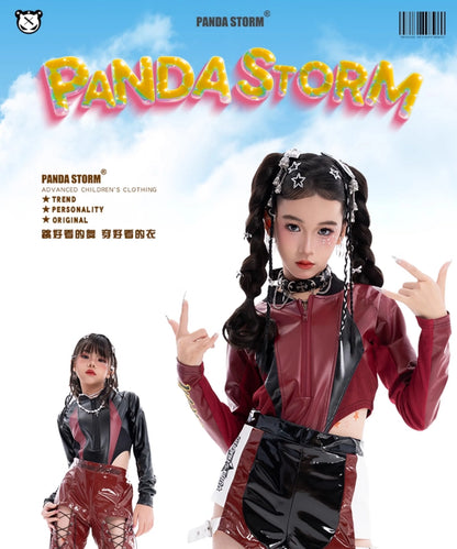2025 Fashion Girls Jazz Dance Clothes Leather Tops Trousers Red Performance Suit Hip Hop Dance Costume Kids Stage Wear  BL18021
