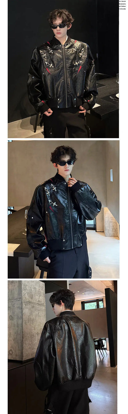 WTHT Fashion Men's Leather Spliced Metal High Street Coats Trendy American Style Zipper Lapel Jackets Male 2025 Autumn 2A2063