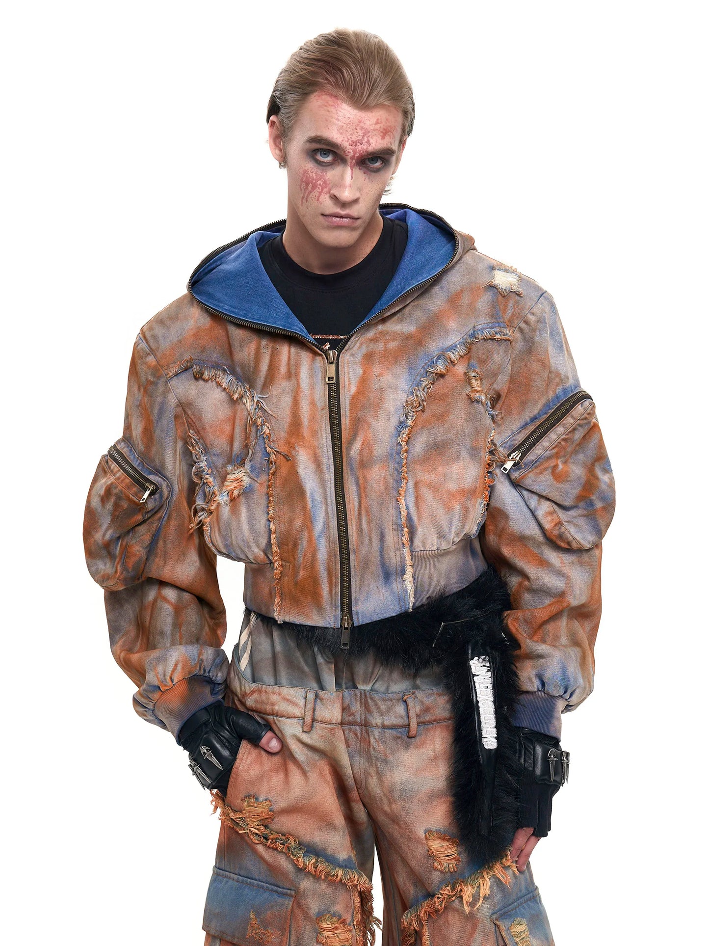 Wasteland Style Short Hooded Denim Jacket Men's Autumn and Winter Three-dimensional Pockets and Zippered Denim Jacket