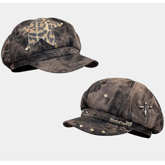 Y2K Personalized Star Sticker Rivet Design Berets Caps for Women Spring and Autumn Fashion Versatile Retro Tie-dye Newsboy Hats