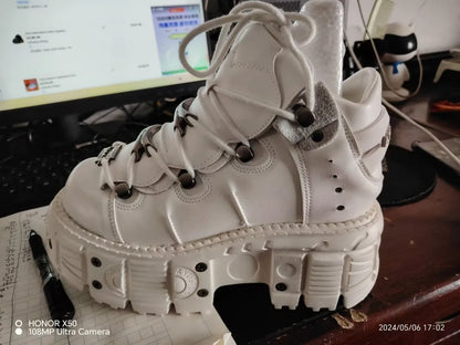 2025 Cyberpunk Heavy Metal Women's Small Height Increasing Lace-up Men Tabby Dark Goth Rock Platform Shoes 8cm