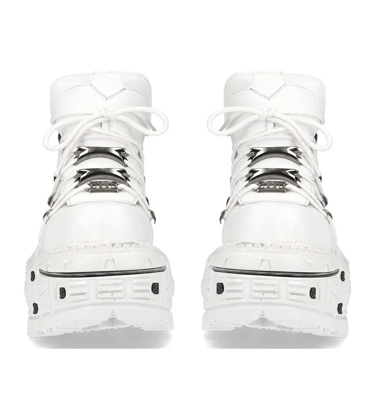 Fashion Women Motorcycle Boots Punk Thick Heel Height 8CM Flat Platform Goth Ankle Rock Boots Metal Decor Casual Sneakers