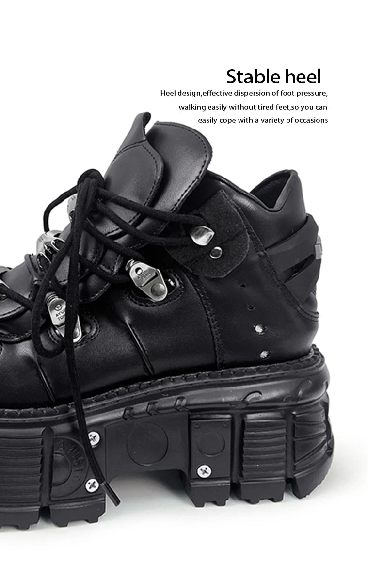 New Women Shoes Punk Style Lace-up Heel Height 6CM Platform Shoes Woman Gothic Ankle Rock Boots Metal Decor Woman Sneakers
