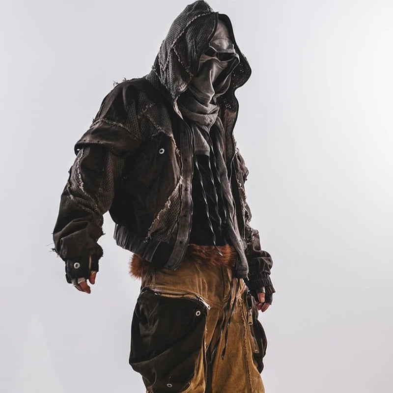 Waste Soil Style Mesh Splicing Hooded Short Jacket Washed Distressed Stereoscopic Cut Loose Coat  for Men