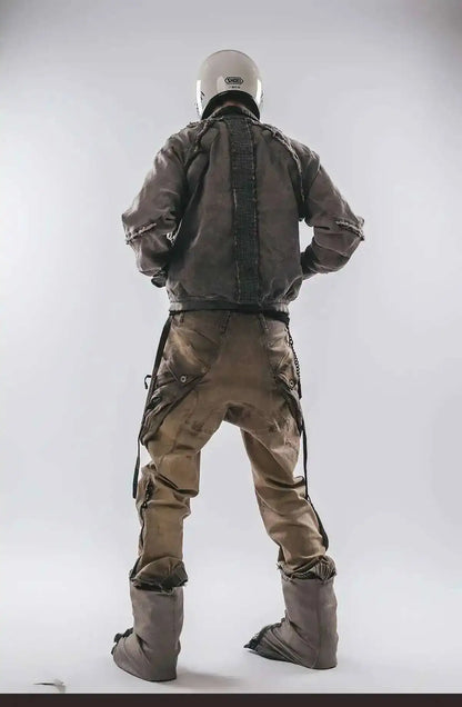 HKSH Spring Autumn New Men's Tide Punk Splice Jackets Split Burr Washed Retro Waste Land Chic Coat Dark Cotton Streetwear HK2418