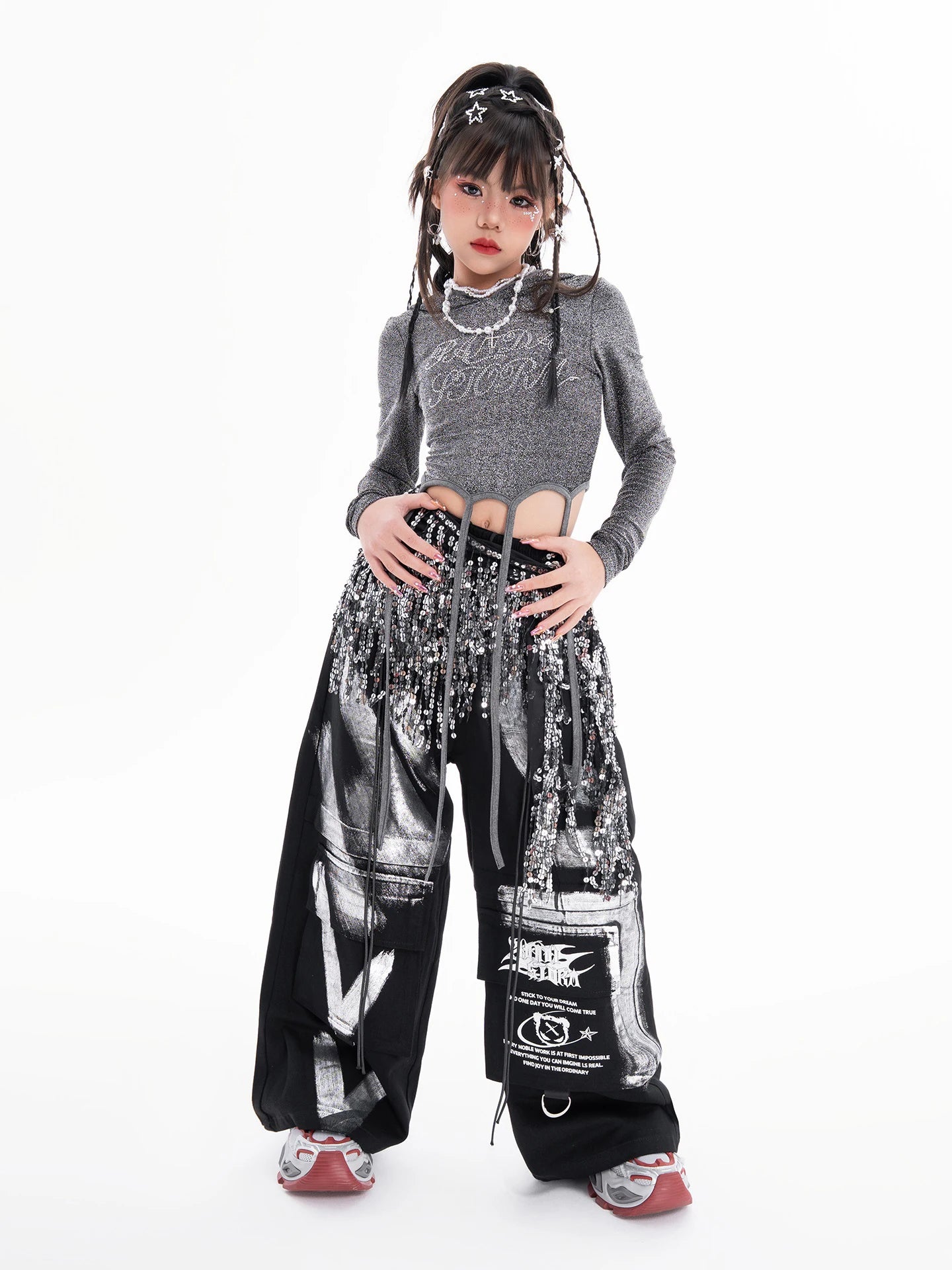 Fashion Girls Hip Hop Dance Clothing Long Sleeves Tops Baggy Pants Kids Jazz Kpop Performance Costume Street Dance Wear BL17513