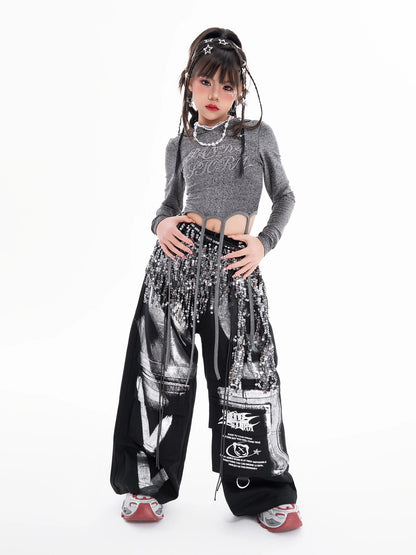 Fashion Girls Hip Hop Dance Clothing Long Sleeves Tops Baggy Pants Kids Jazz Kpop Performance Costume Street Dance Wear BL17513