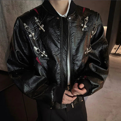 WTHT Fashion Men's Leather Spliced Metal High Street Coats Trendy American Style Zipper Lapel Jackets Male 2025 Autumn 2A2063