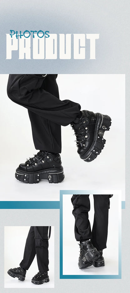 New Punk Style Women Shoes Lace-up Heel Height 6CM Platform Shoes Woman Gothic Ankle Rock Boots Metal Decor Woman Sneakers
