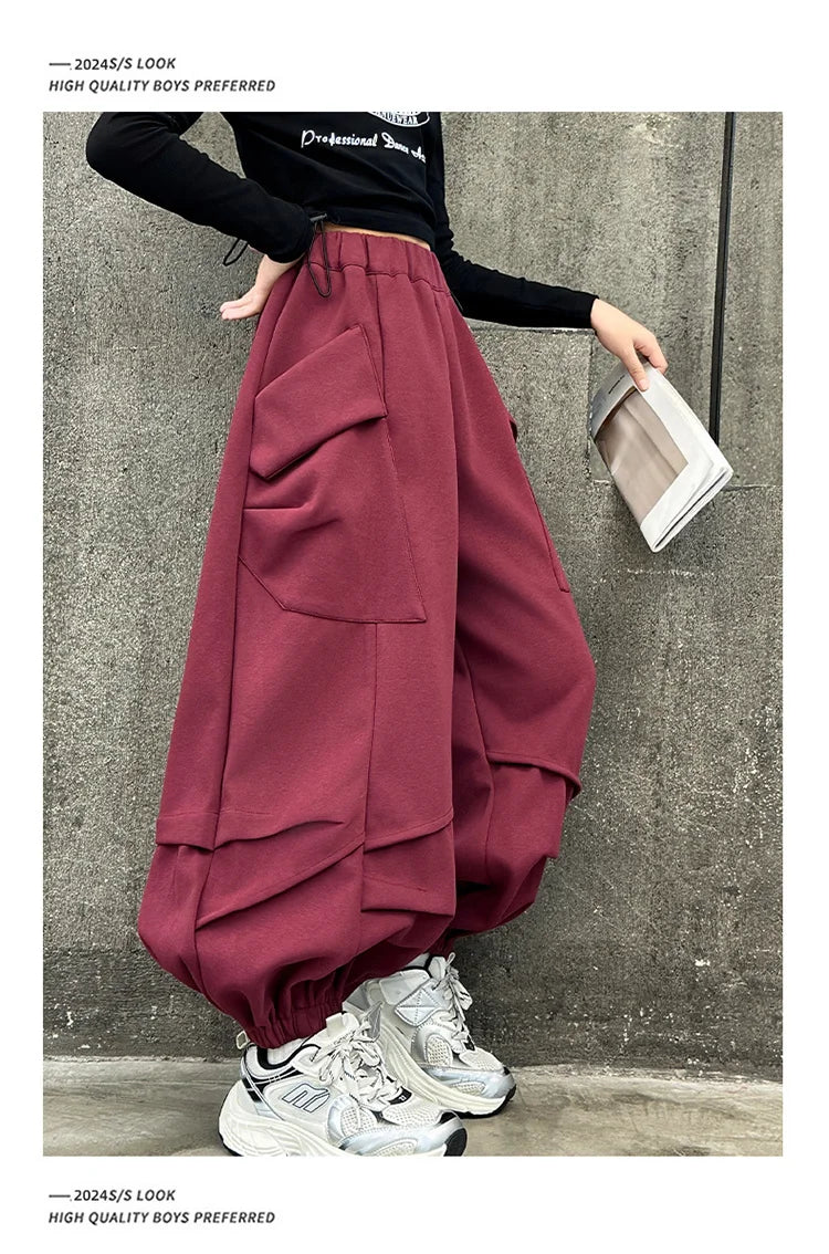 2025 Hot Sale Loose Hip-hop Pants For Girl Kids Fashion High Street Child Black Burgundy Chocolate Trousers Streewear Trackpants
