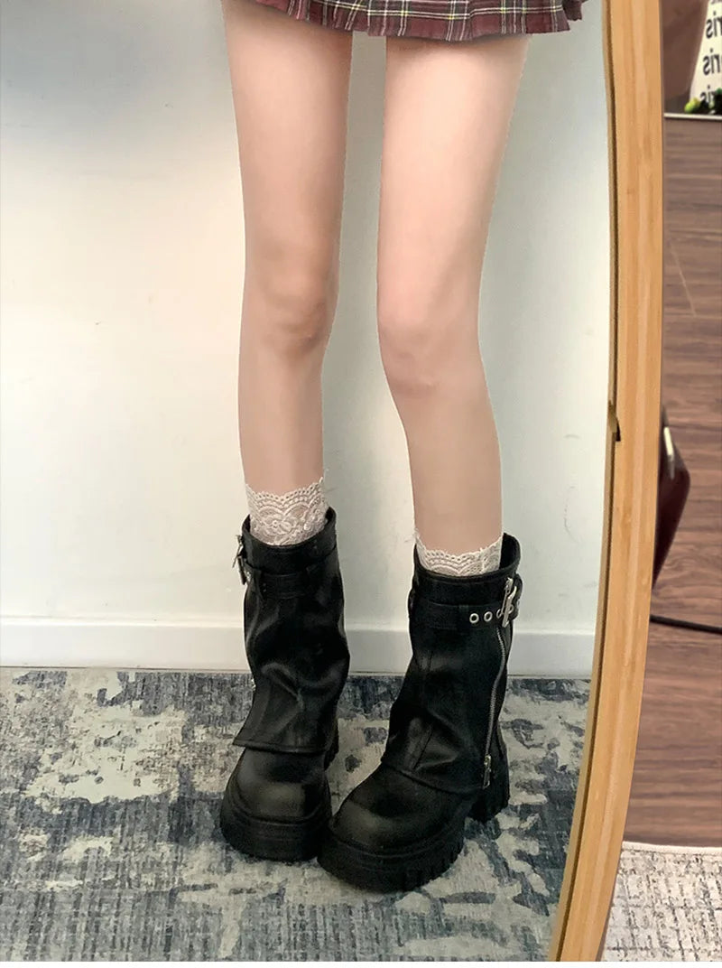 Winter Women Biker Boots Fashion Belt Buckle Ladies Elegant Platform Flats Short Booties Casual Women's Knight Booties