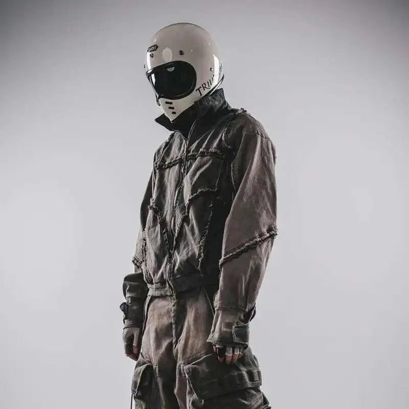 HKSH Spring Autumn New Men's Tide Punk Splice Jackets Split Burr Washed Retro Waste Land Chic Coat Dark Cotton Streetwear HK2418