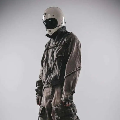 HKSH Spring Autumn New Men's Tide Punk Splice Jackets Split Burr Washed Retro Waste Land Chic Coat Dark Cotton Streetwear HK2418