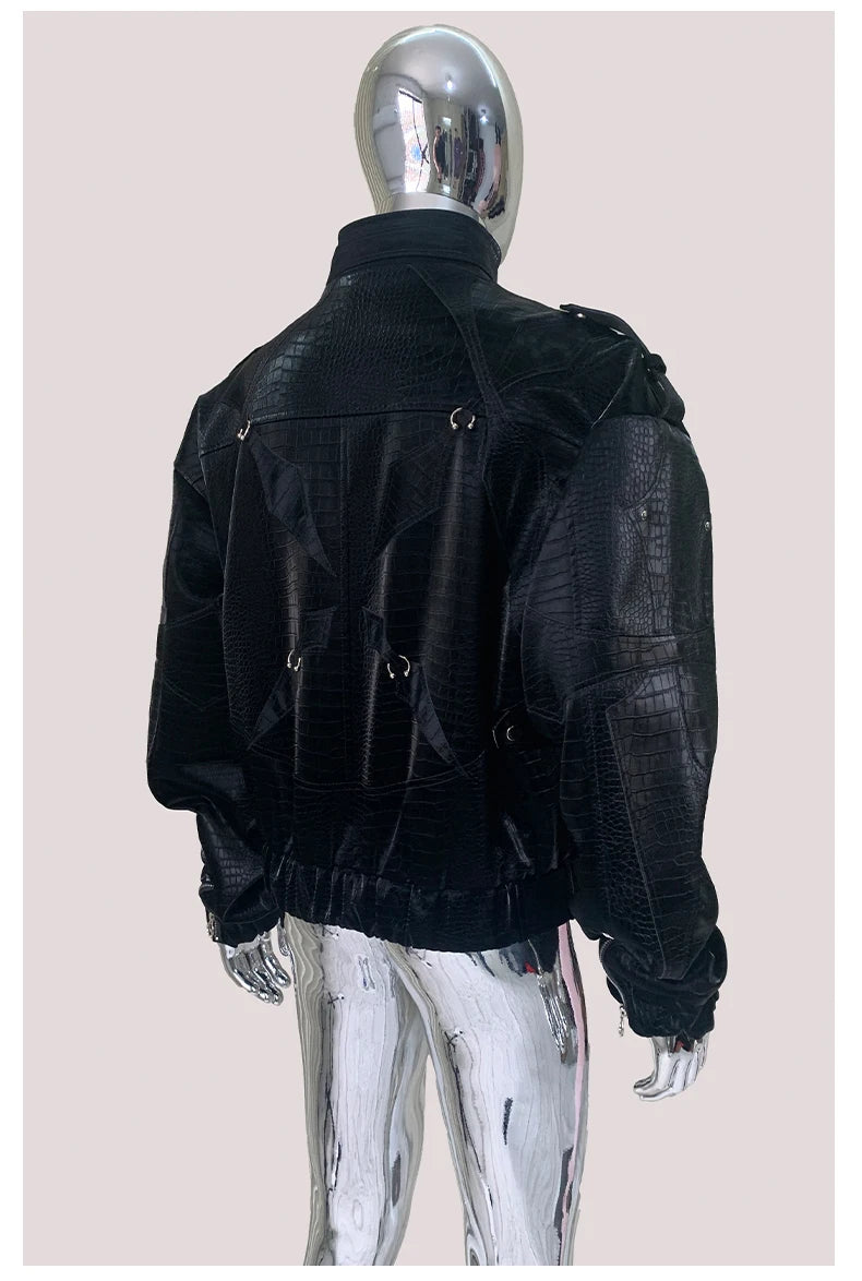 Mauroicardi Autumn Short Color Block Crocodile Print Faux Leather Jacket Men Stand Collar Luxury Designer Punk Style Emo Clothes