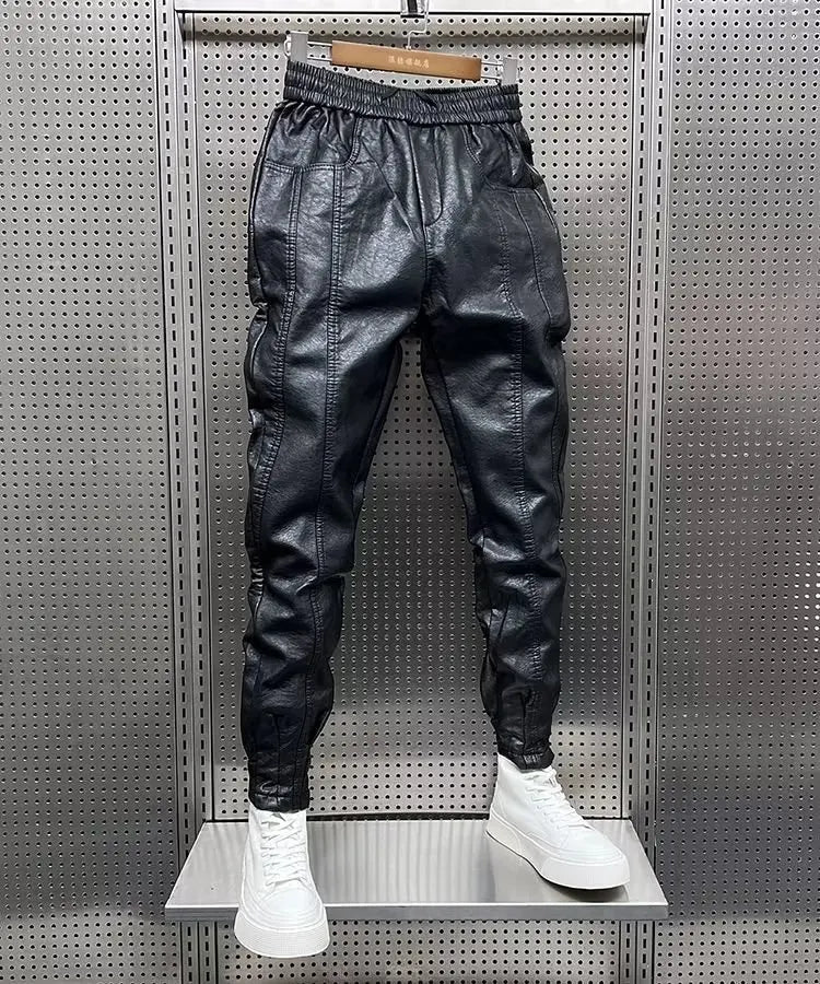 Hip Hop Mens Leather Pants Harajuku Retro Loose Casual Trousers Straight Solid Color Black Pants Streetwear Brand Motorcycle Pan