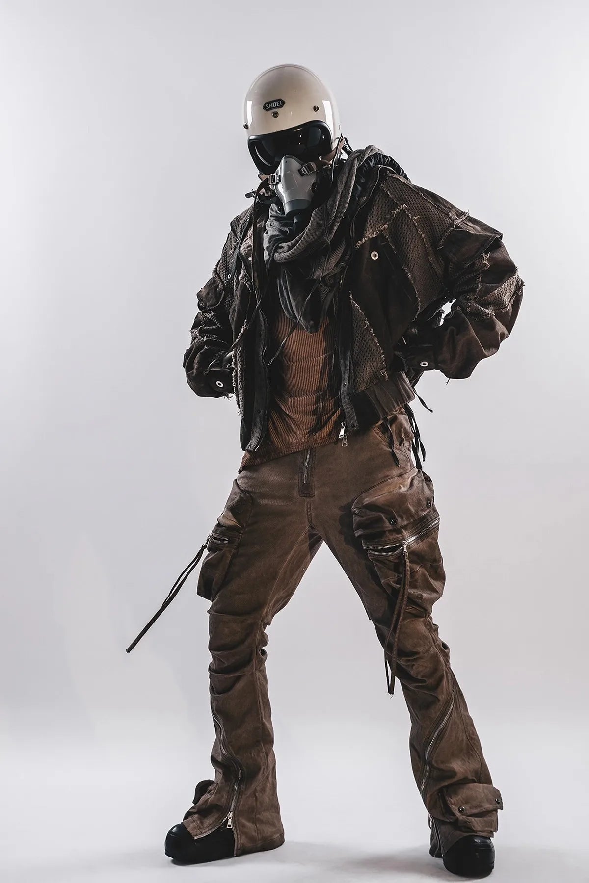 Waste Soil Style Men Stereoscopic Cut Mesh Splicing Hooded Short Jacket Washed Distressed Coat Men