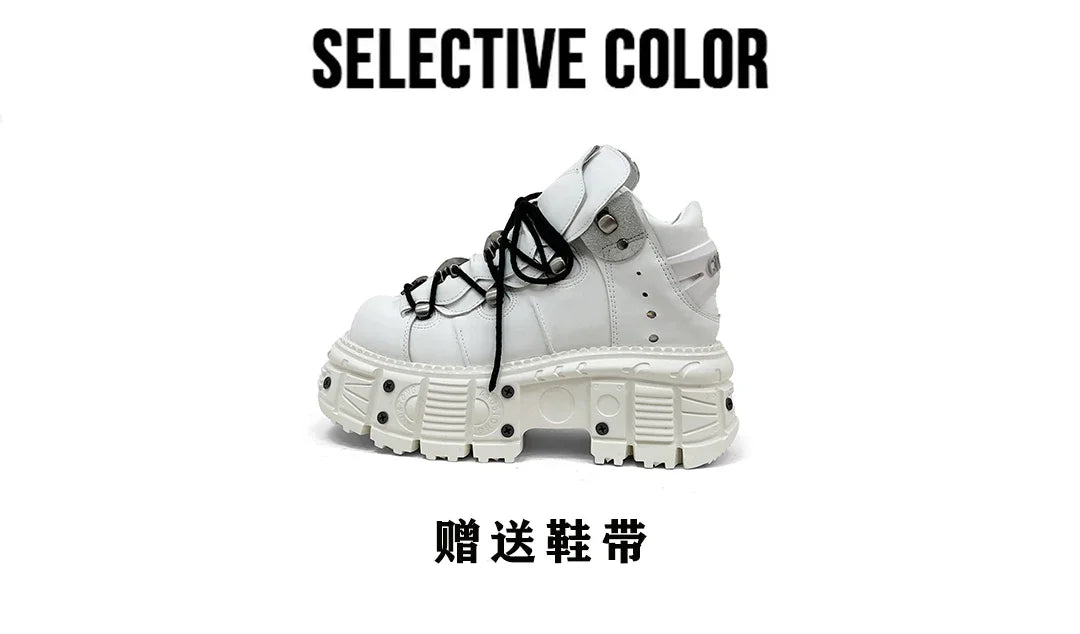 2025 Cyberpunk Heavy Metal Women's Small Height Increasing Lace-up Men Tabby Dark Goth Rock Platform Shoes 8cm