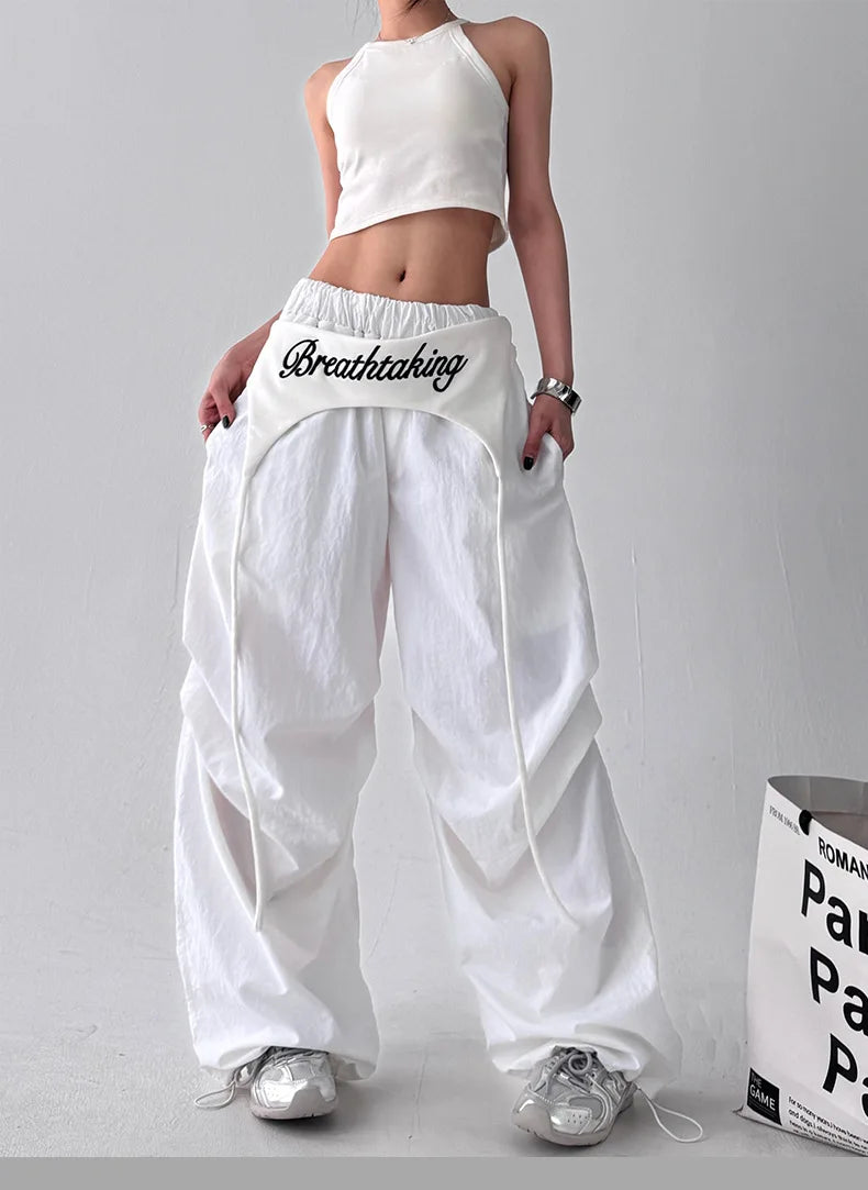 Women's Bootcut Trousers - Streetwear Baggy Pants with Hip Drape & Waist Ties, American Hip Hop Curved Hem Casual Pants White