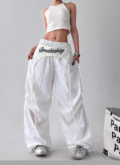 Women's Bootcut Trousers - Streetwear Baggy Pants with Hip Drape & Waist Ties, American Hip Hop Curved Hem Casual Pants White
