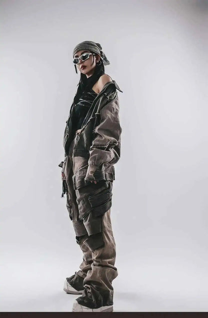 HKSH Spring Autumn New Men's Tide Punk Splice Jackets Split Burr Washed Retro Waste Land Chic Coat Dark Cotton Streetwear HK2418