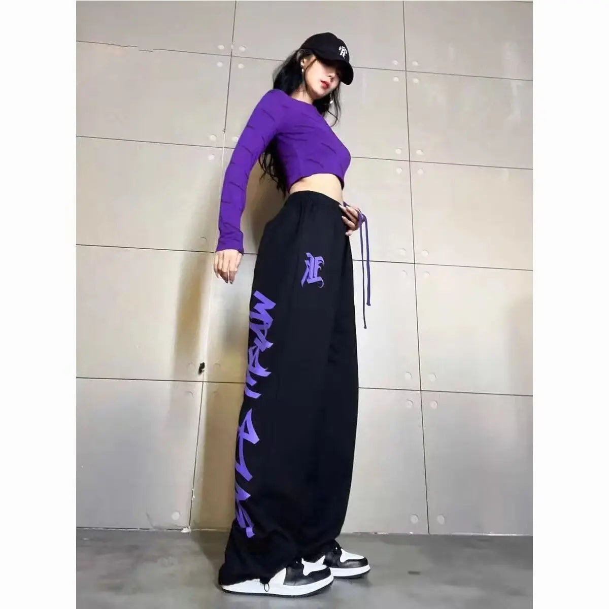 hiphop plus-size sweatpants female jazz dance dance pants American hiphop high waist wide leg drawstring casual sports pants