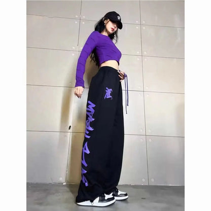 hiphop plus-size sweatpants female jazz dance dance pants American hiphop high waist wide leg drawstring casual sports pants