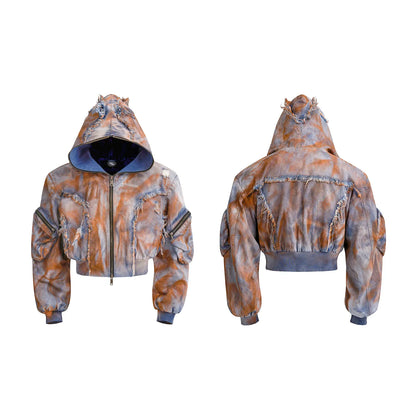 Wasteland Style Short Hooded Denim Jacket Men's Autumn and Winter Three-dimensional Pockets and Zippered Denim Jacket
