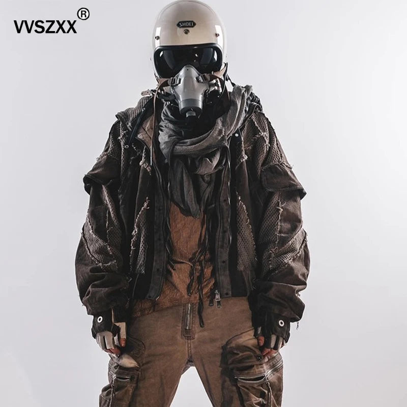 Waste Soil Style Men Stereoscopic Cut Mesh Splicing Hooded Short Jacket Washed Distressed Coat Men
