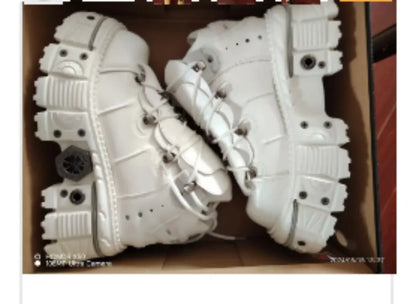 2025 Cyberpunk Heavy Metal Women's Small Height Increasing Lace-up Men Tabby Dark Goth Rock Platform Shoes 8cm