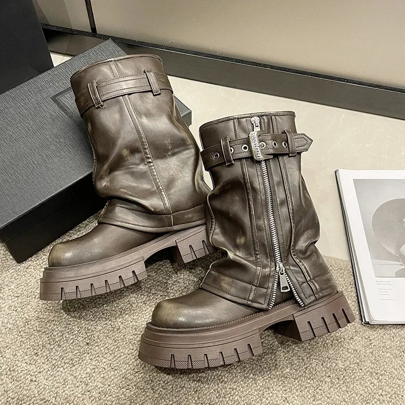 Shoes for Women Belt Buckle Women's Boot Fashion Side Zipp Modern Boots Women High Quality Round Toe Mid-Calf Zapatos