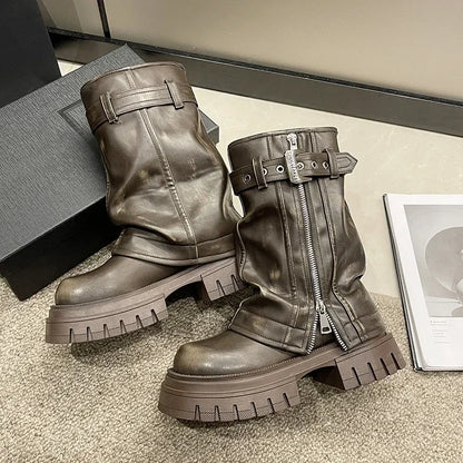 Shoes for Women Belt Buckle Women's Boot Fashion Side Zipp Modern Boots Women High Quality Round Toe Mid-Calf Zapatos