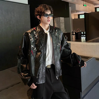 WTHT Fashion Men's Leather Spliced Metal High Street Coats Trendy American Style Zipper Lapel Jackets Male 2025 Autumn 2A2063