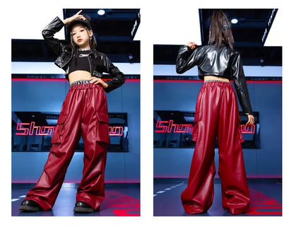 Jazz Dance Girls Clothes Kids Hip Hop Dance Costume Black Leather Crop Tops Hiphop Pants Catwalk Performance Clothing BL13600