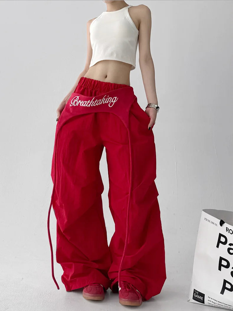 Women's Bootcut Trousers - Streetwear Baggy Pants with Hip Drape & Waist Ties, American Hip Hop Curved Hem Casual Pants White