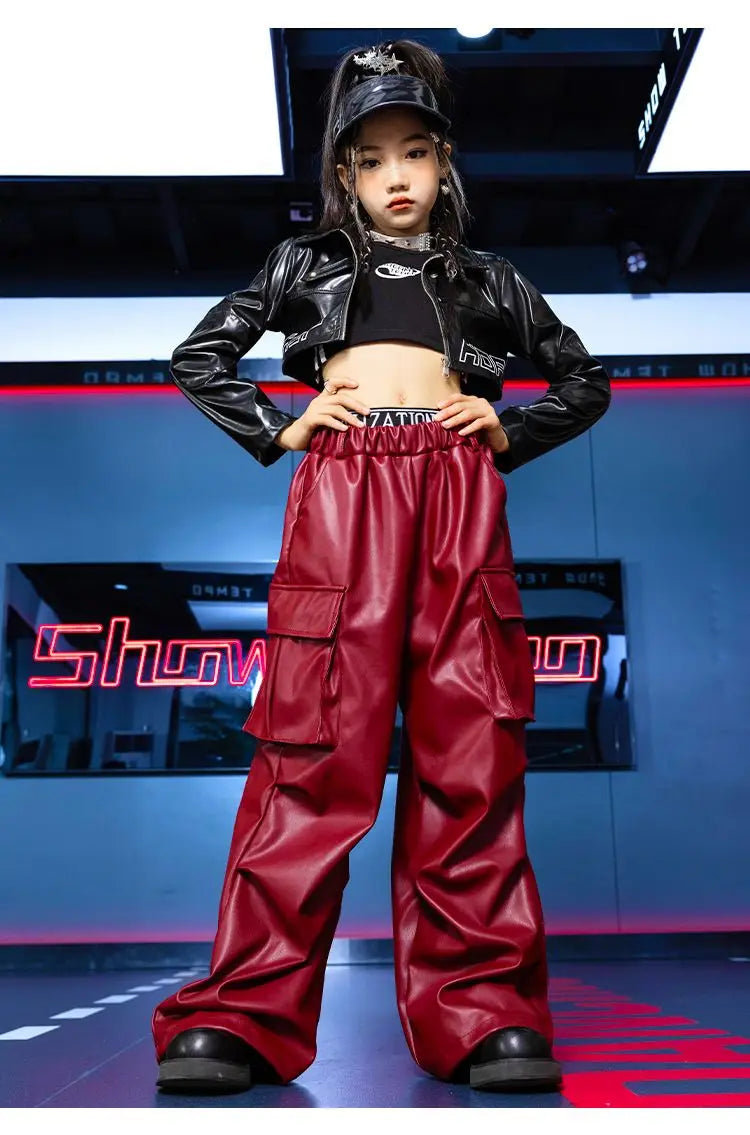 Jazz Dance Girls Clothes Kids Hip Hop Dance Costume Black Leather Crop Tops Hiphop Pants Catwalk Performance Clothing BL13600