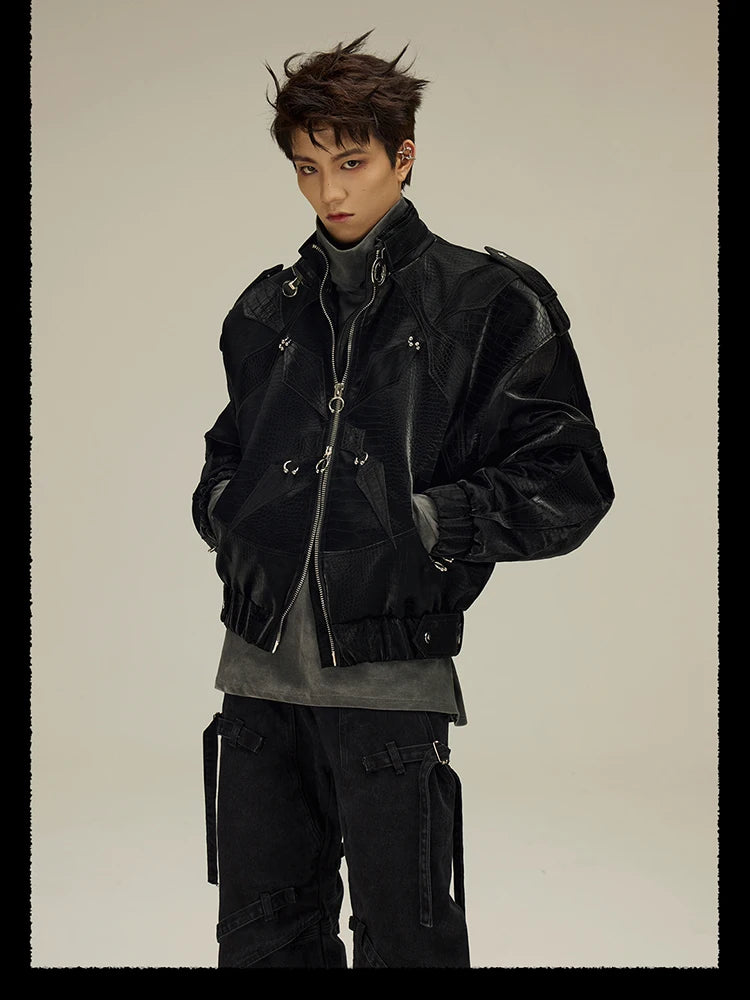 Mauroicardi Spring Autumn Cool Short Shiny Black Crocodile Print Pu Leather Jacket Men Luxury Designer Y2K Streetwear Clothes