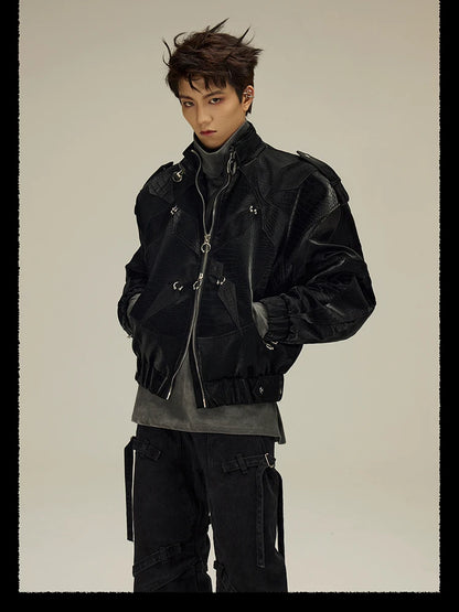 Mauroicardi Spring Autumn Cool Short Shiny Black Crocodile Print Pu Leather Jacket Men Luxury Designer Y2K Streetwear Clothes