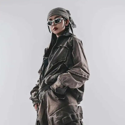 HKSH Spring Autumn New Men's Tide Punk Splice Jackets Split Burr Washed Retro Waste Land Chic Coat Dark Cotton Streetwear HK2418