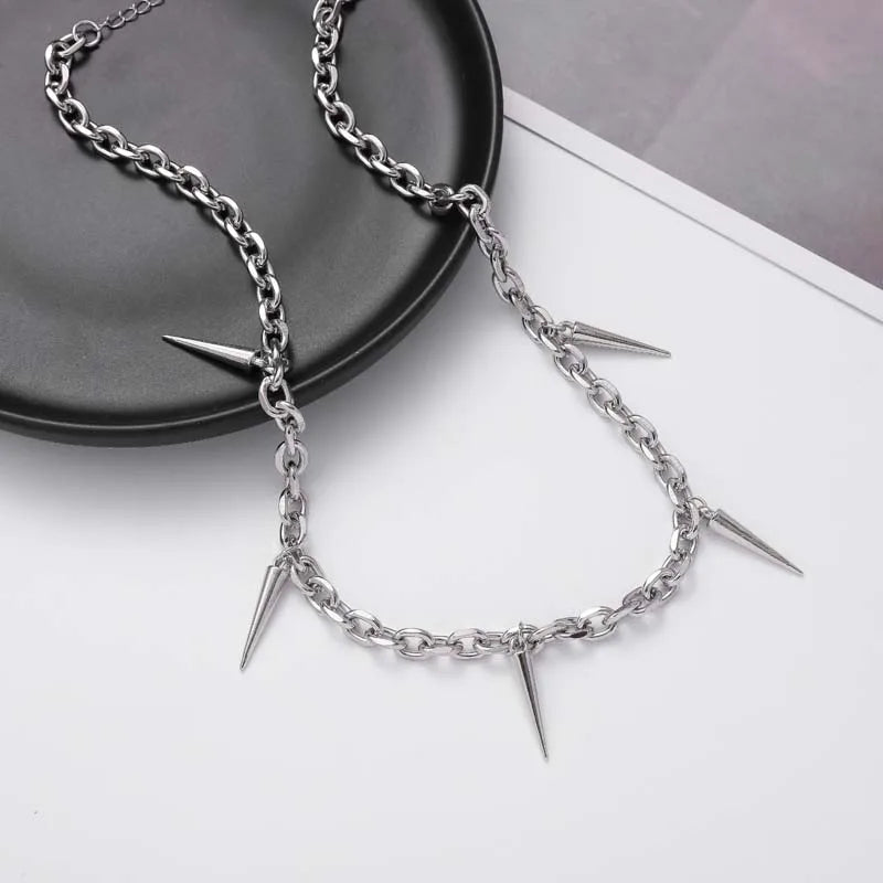 Punk Hip Hop Metal Rivet Pointed Choker Necklace for Women Men Gothic Silver Color Cross Clavicle Chain Necklace Y2K Jewelry