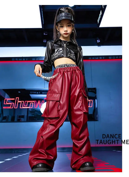 Jazz Dance Girls Clothes Kids Hip Hop Dance Costume Black Leather Crop Tops Hiphop Pants Catwalk Performance Clothing BL13600
