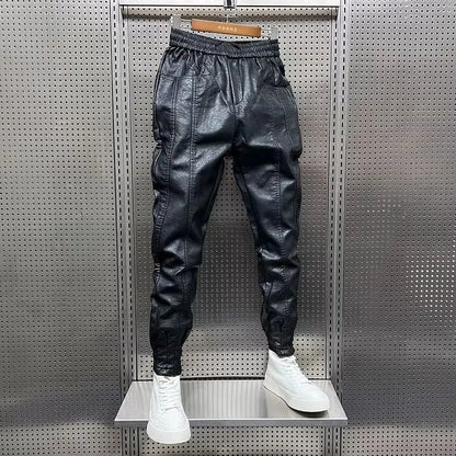 Hip Hop Mens Leather Pants Harajuku Retro Loose Casual Trousers Straight Solid Color Black Pants Streetwear Brand Motorcycle Pan